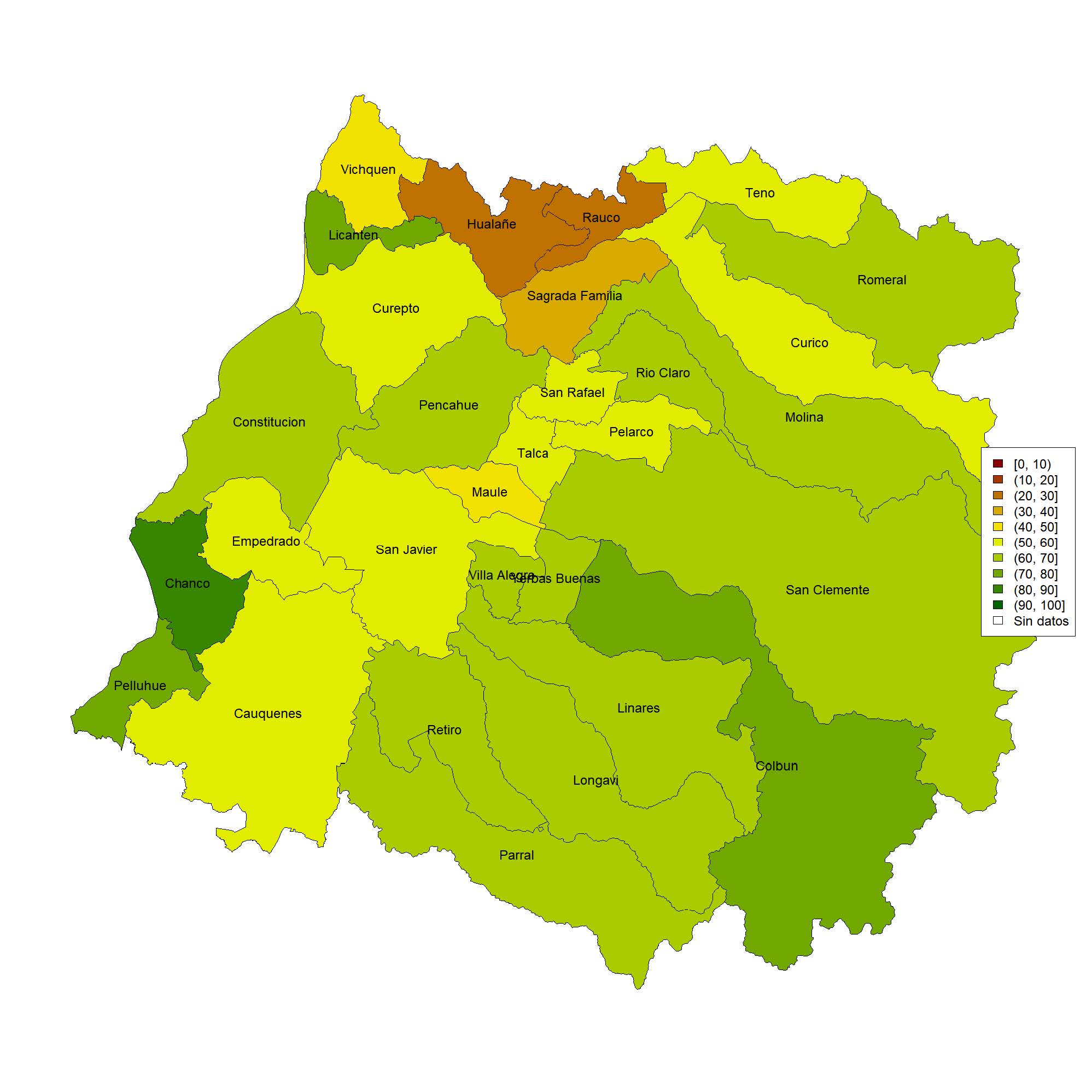 Fig 16 - Valores comunales promedio de VCI en la Región del Maule