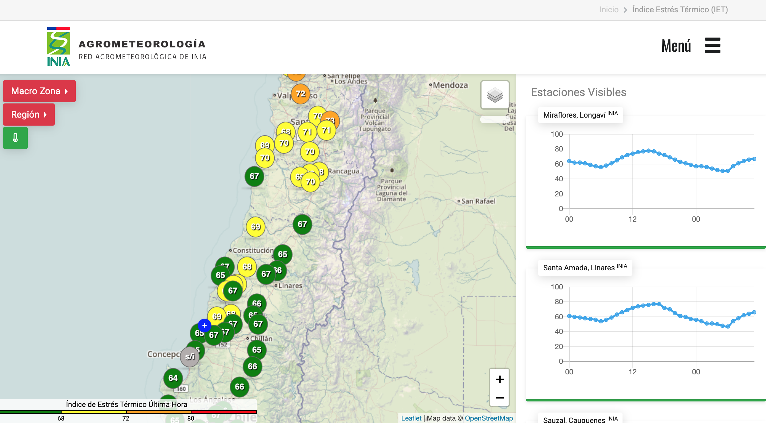 Figura 5. Ejemplo de visualización de ITH en estaciones meteorológicas en Agromet INIA