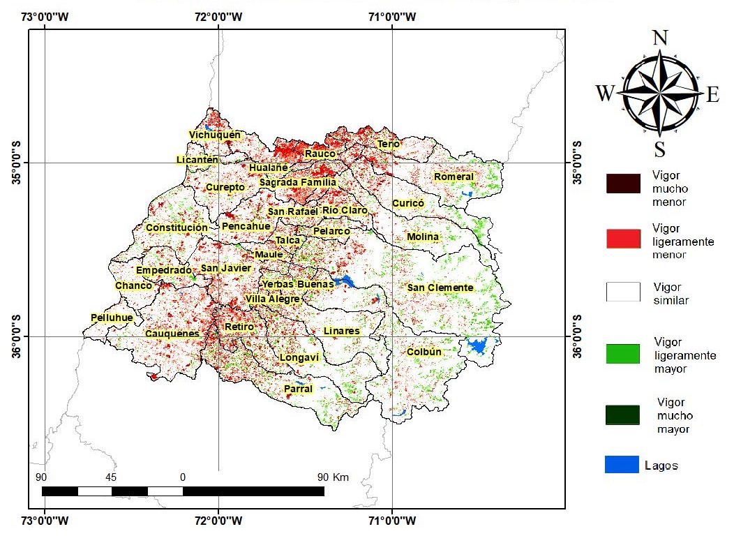 Mapa de Diferencia de NDVI (2019 – 2018) para la Región del Maule noviembre 2019