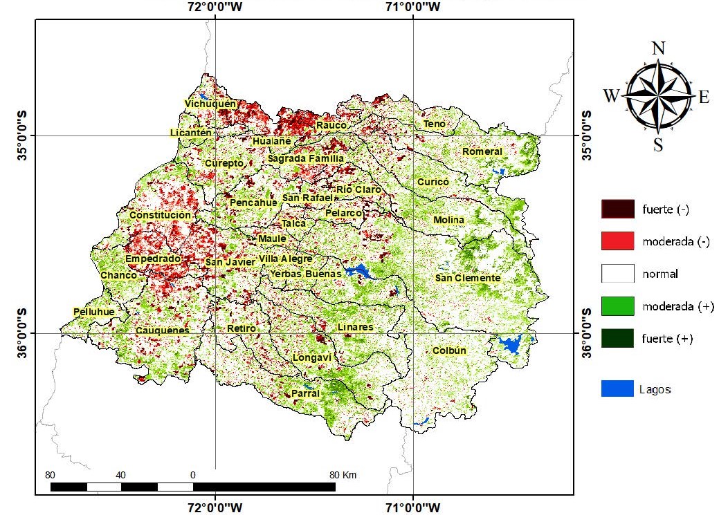 Mapa de anomalía de la vegetación para la Región del Maule noviembre 2019